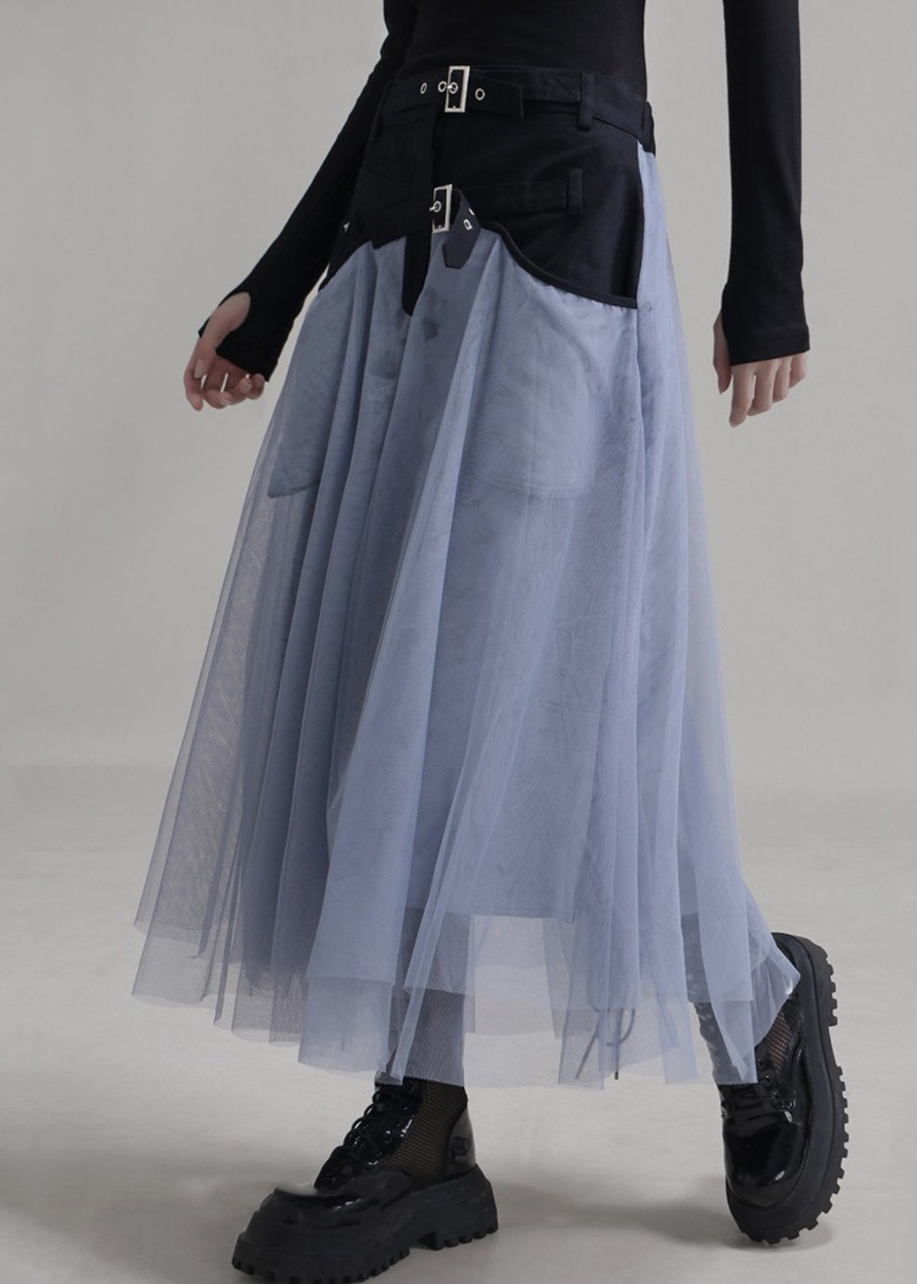 New Blue Pockets Elastic Waist Patchwork Tulle Skirt Summer Ada Fashion