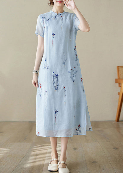 Nouvelle robe longue en lin à imprimé bleu avec poches pour l'été JH066