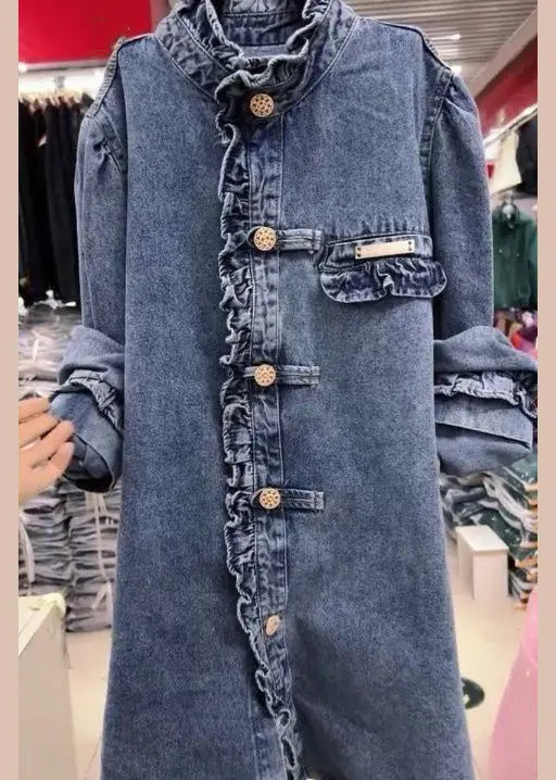 New Blue Ruffled Button Denim Coats Long Sleeve Ada Fashion