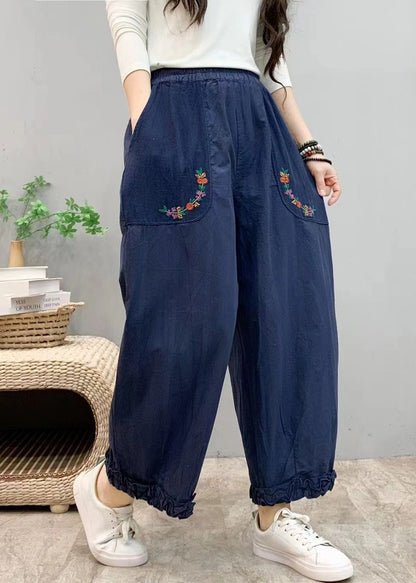 Pantalon court en coton à taille élastique avec poches à volants bleu pour l'été VV054