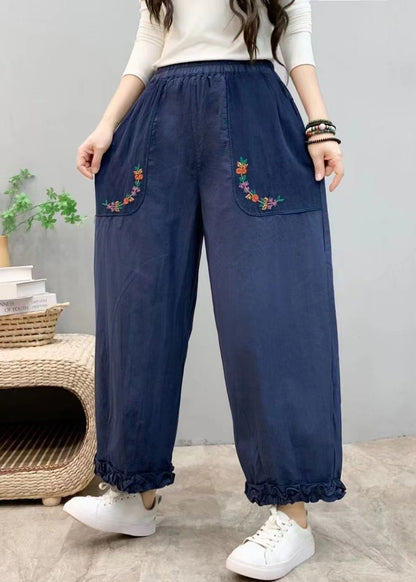 Pantalon court en coton à taille élastique avec poches à volants bleu pour l'été VV054