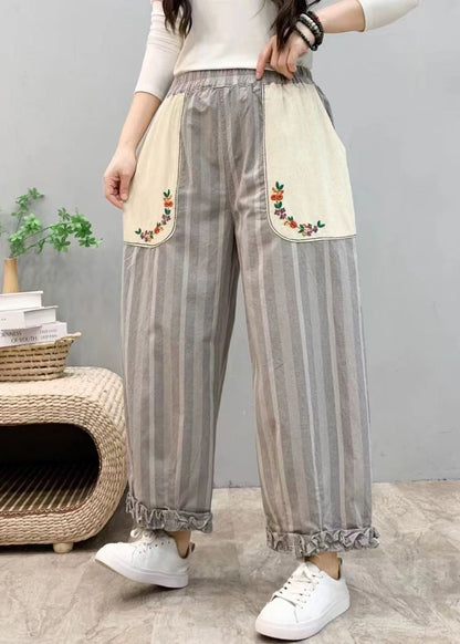 Pantalon court en coton à taille élastique avec poches à volants bleu pour l'été VV054