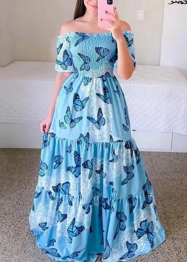 Neues, blaues, langes Baumwollkleid mit Rüschendruck für den Sommer WW1061