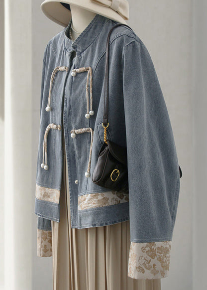 New Blue Stand Collar Button Patchwork Denim Coats Long Sleeve Ada Fashion