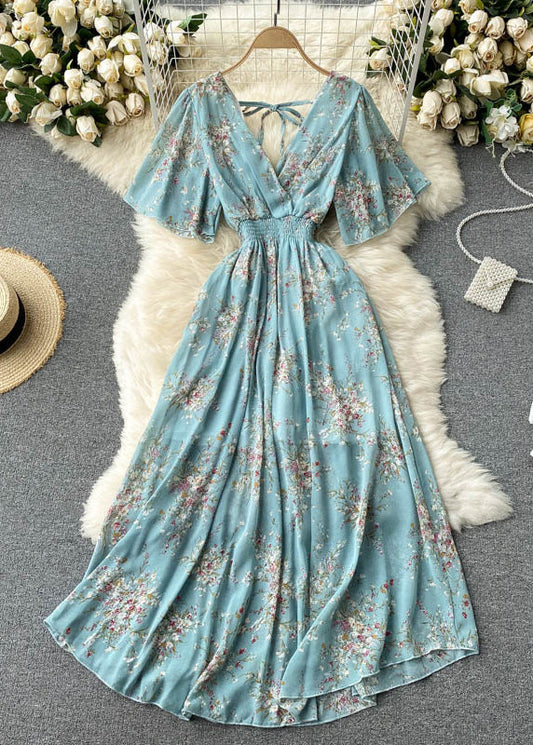 New Blue V Neck Lace Up Print Chiffon Vacation Dresses Summer TR051