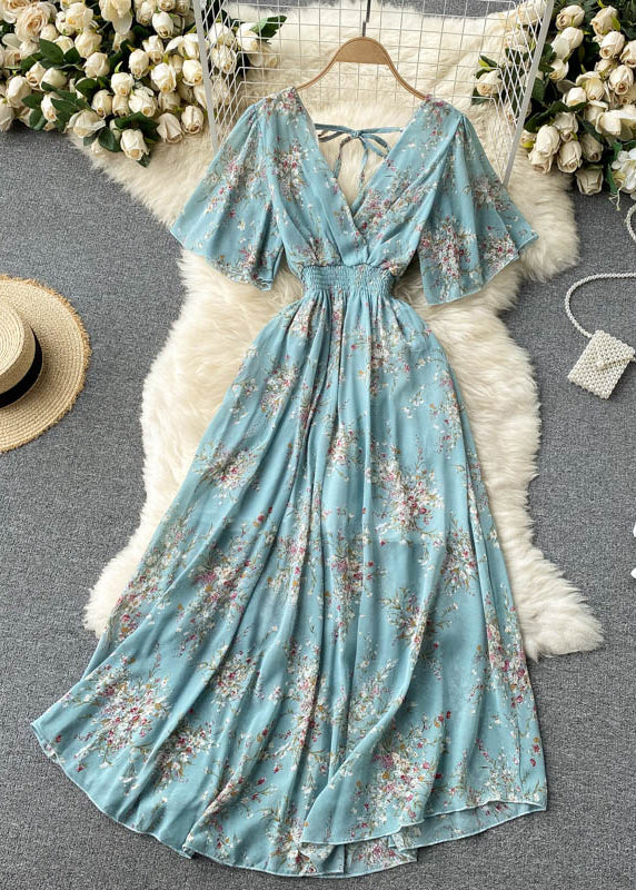 New Blue V Neck Lace Up Print Chiffon Vacation Dresses Summer TR051