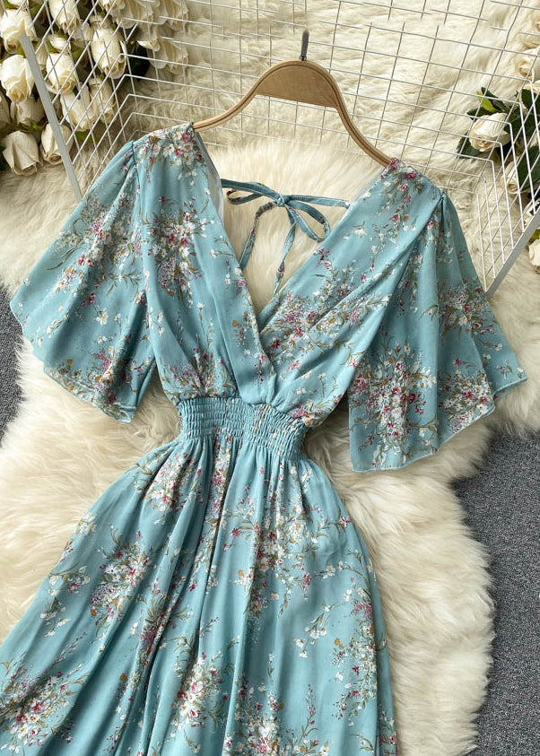 New Blue V Neck Lace Up Print Chiffon Vacation Dresses Summer TR051