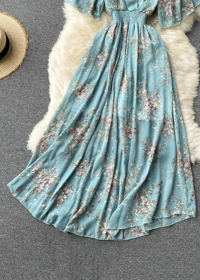 New Blue V Neck Lace Up Print Chiffon Vacation Dresses Summer TR051