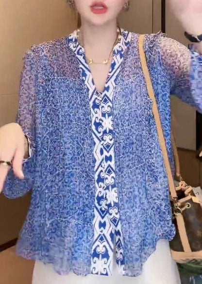 New Blue V Neck Print Chiffon Blouse Long Sleeve Ada Fashion