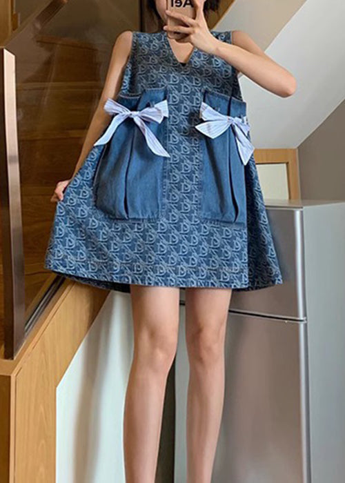 Neu Blau V-Ausschnitt Print Taschen Denim Midi Kleid Ärmellos XX047