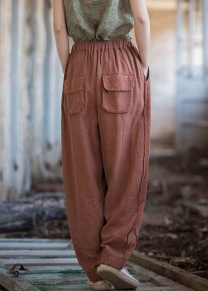 Nouveau pantalon en lin rouge brique avec poches et cordon de serrage pour l'été QE028