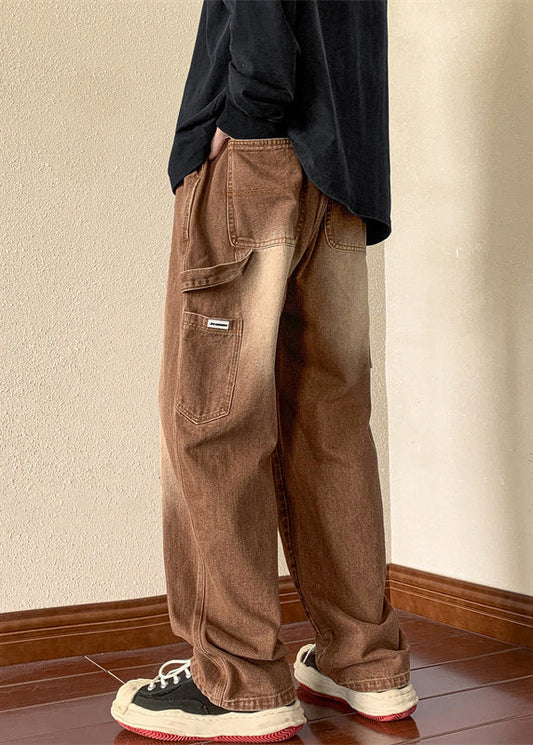 Pantalon en jean marron pour homme, taille élastique, poches, nouvelle collection printemps