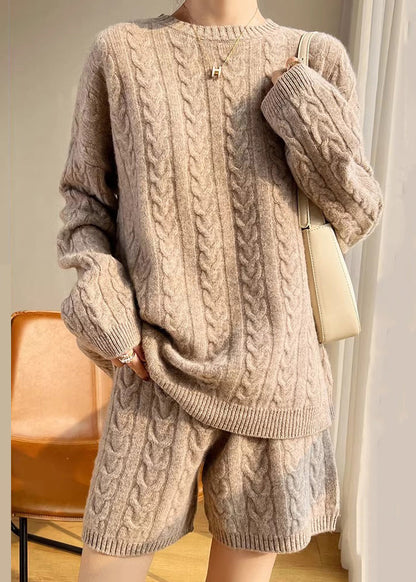 Ensemble deux pièces en tricot de laine à col rond Camel solide et confortable pour l'hiver WQ041