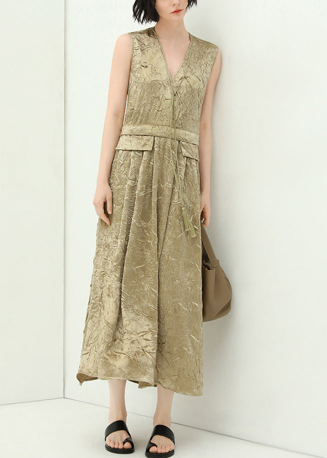 New Champagne V Neck Tasseled Silk Long Dresses Sleeveless AA1042