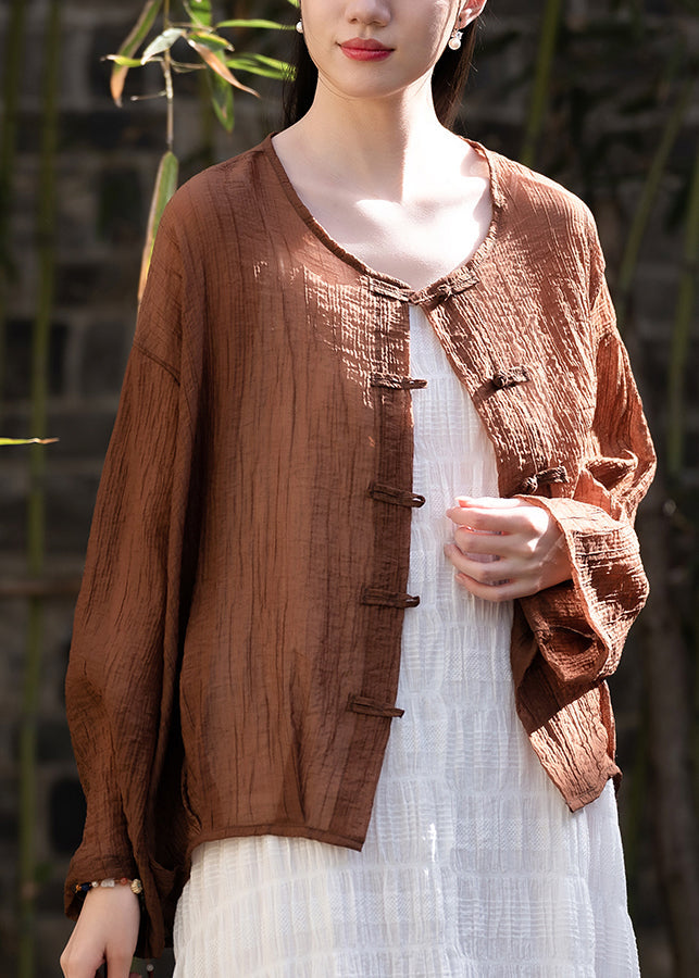 Neue Chinesische Stil Kaffee Sommer Dünne Oberbekleidung Strickjacke LK026