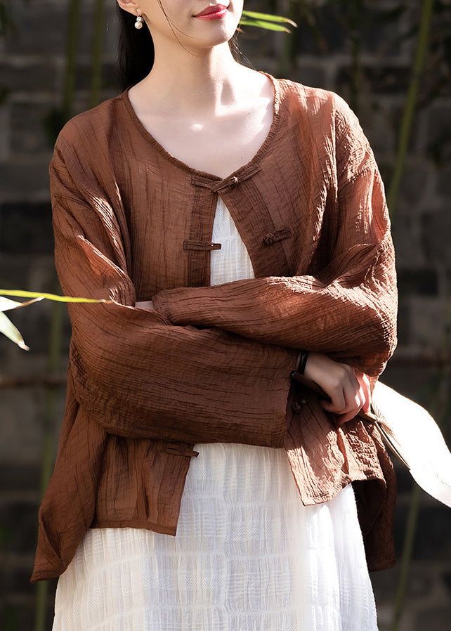 Neue Chinesische Stil Kaffee Sommer Dünne Oberbekleidung Strickjacke LK026