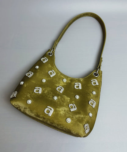 Nouveau sac à bandoulière en soie verte avec strass de style chinois II039