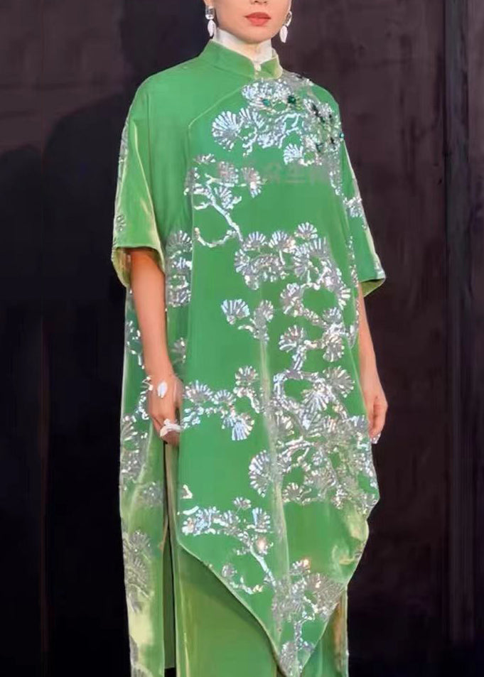 New Chinese Style Green Stand Collar Gilding Asymmetrical Design Dress Summer BV006