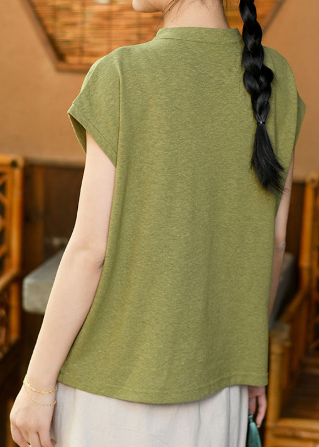 New Chinese Style Green Stand Collar T Shirt Short Sleeved LK024