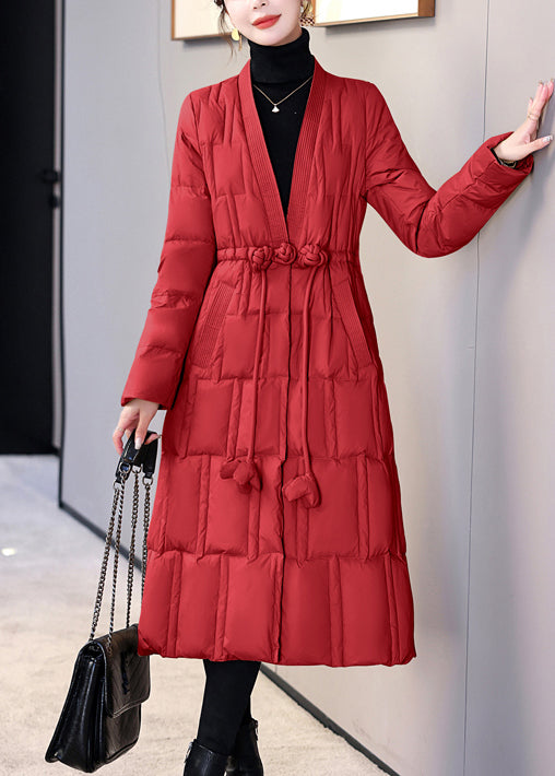 Neuer roter Puffermantel im chinesischen Stil mit V-Ausschnitt und Taschen aus Entendaunen, Winter RX004