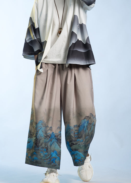 New Chinese Style Thousand Mile Jiangshan Printed Men Wide Leg Pants SA008