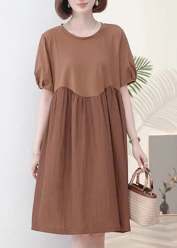 New Coffee O Neck Wrinkled Cotton Dress Short Sleeve MN039