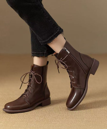 New Cowhide Leather Boots Zippered Lace Up Splicing Brown AP1001