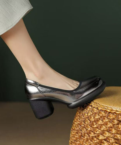 Grey New Leather Cowhide High Heel Chunky Heels Dark Splicing