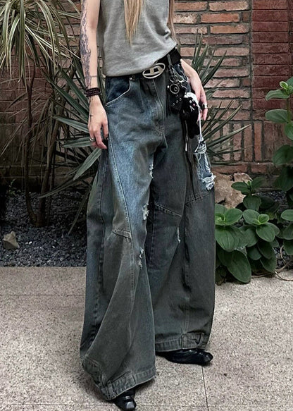 Pantalon large en denim gris foncé avec poches à trous pour l'été AW1021