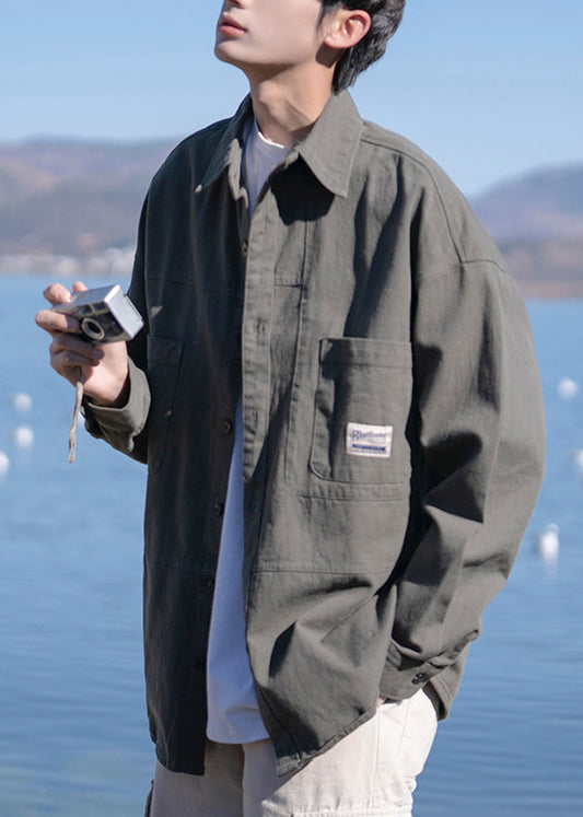 Peter Dark New Collar Gray Mens Button Cotton Pan Pockets Shirts