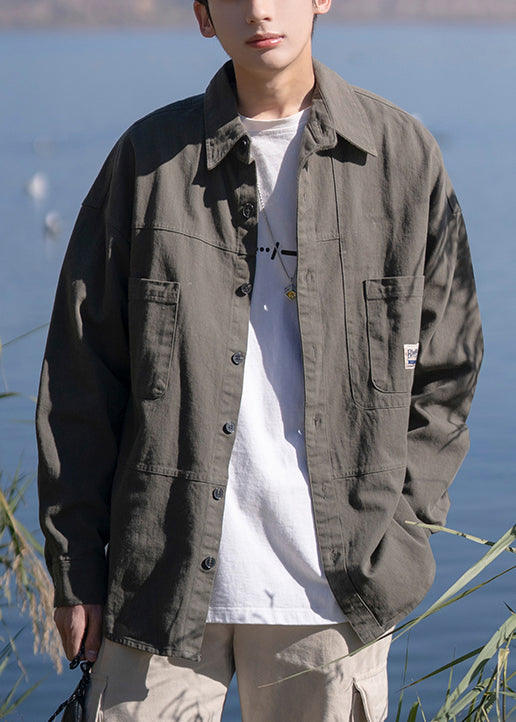 Peter Dark New Collar Gray Mens Button Cotton Pan Pockets Shirts