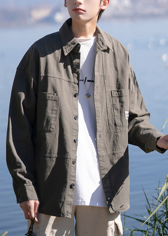 Peter Dark New Collar Gray Mens Button Cotton Pan Pockets Shirts