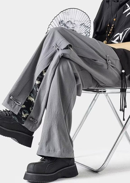 Pantalon droit en soie glacée à boutons chinois gris foncé pour homme, nouvelle collection été YT053