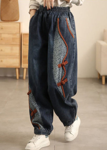 Nouveau pantalon court patchwork à taille élastique avec poches en denim bleu pour l'automne MN072