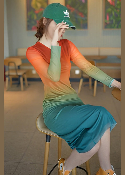 New Gradient Color O Neck Cotton Dress Long Sleeve KK061