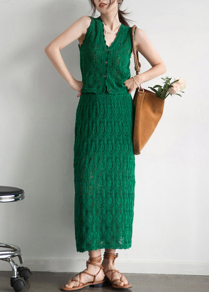 New Green Button Hollow Out Cotton Knit Two Pieces Set Sleeveless KK011