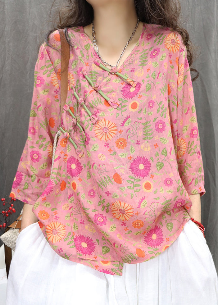 Linen Bracelet Blouses Button Sleeve Green New Print Chinese