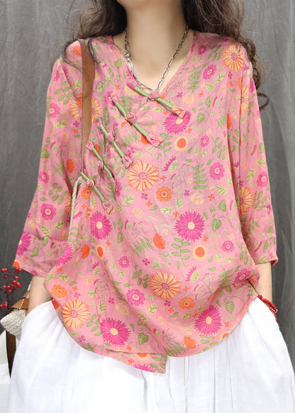 Linen Bracelet Blouses Button Sleeve Green New Print Chinese