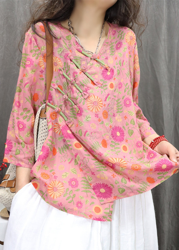 Linen Bracelet Blouses Button Sleeve Green New Print Chinese