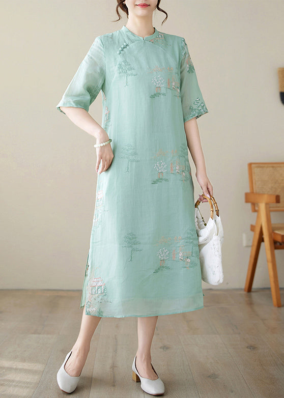 New Green Embroidered Side Open Cotton Dresses Half Sleeve JH040