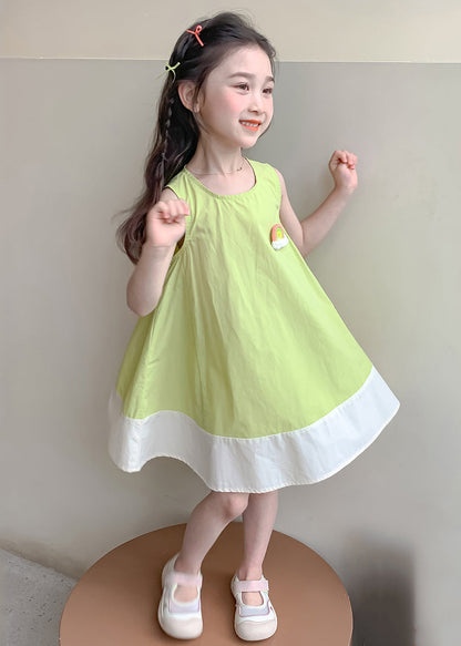 Nouvelle robe verte en coton patchwork à col rond pour filles sans manches EW047