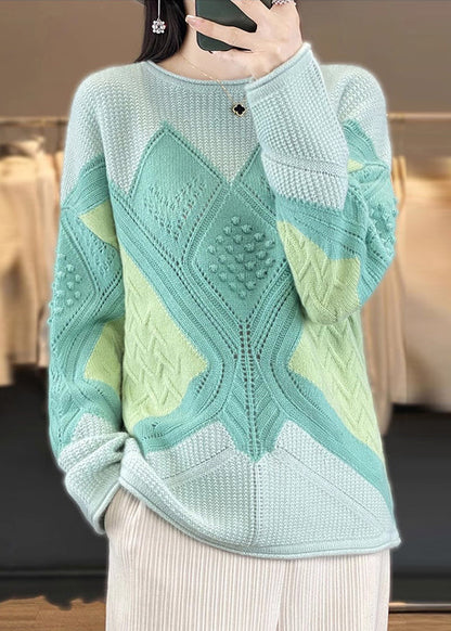 Nouveau pull vert en tricot de laine à col rond et patchwork, printemps YW044