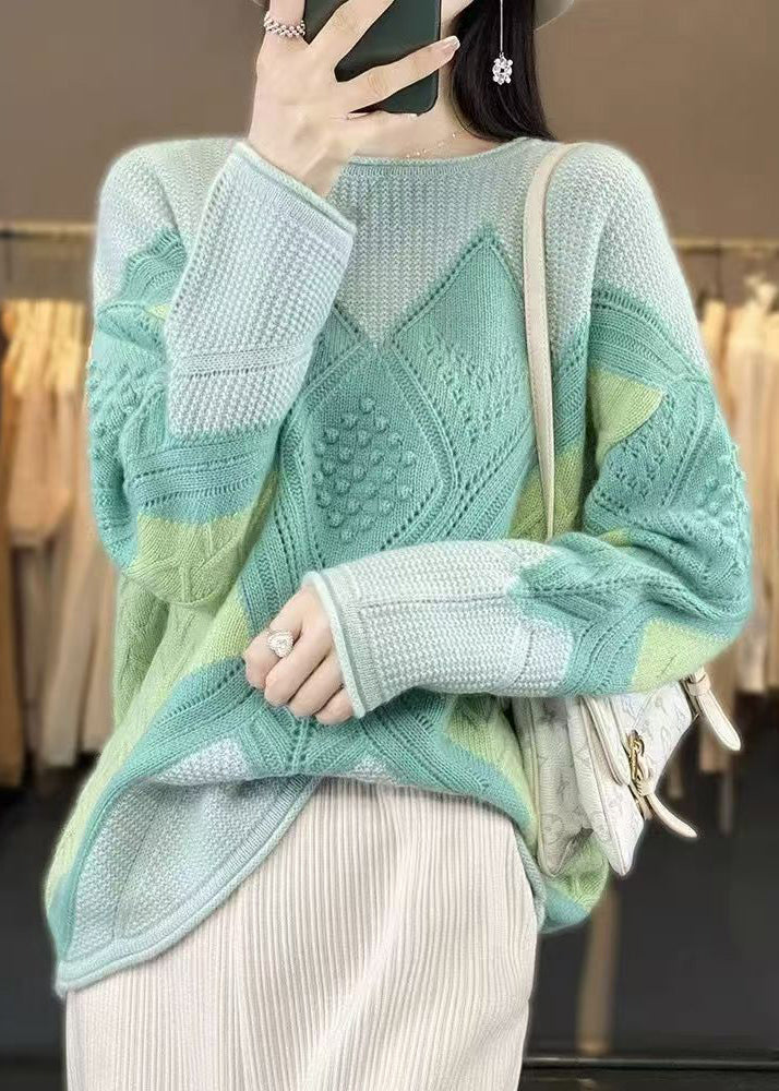 Nouveau pull vert en tricot de laine à col rond et patchwork, printemps YW044