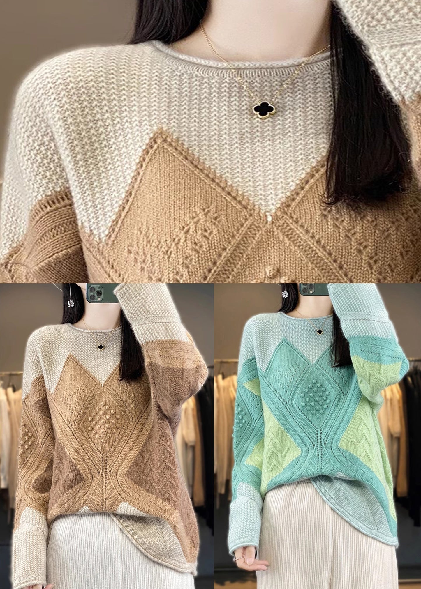 Nouveau pull vert en tricot de laine à col rond et patchwork, printemps YW044