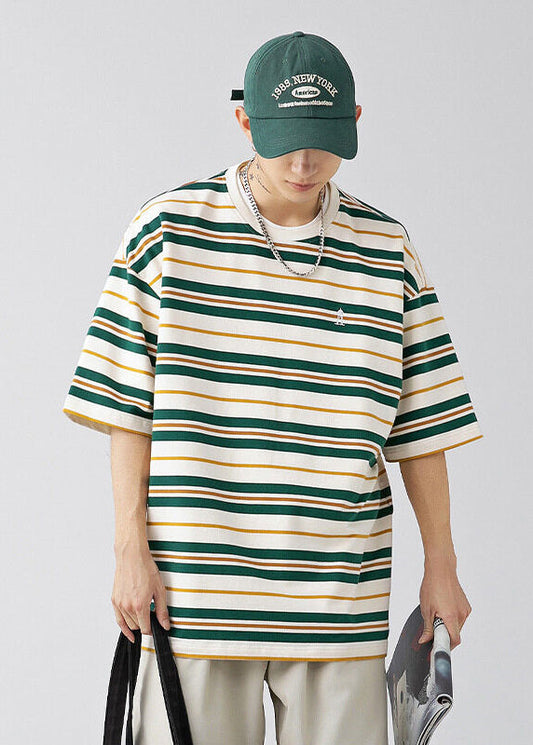 New Green O Neck Striped Cotton Men T Shirt Summer QH011