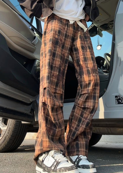Pantalon d'été en coton vert pour homme, taille élastique, à carreaux, neuf