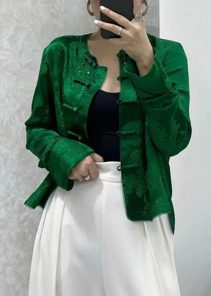 New Green Print Button Silk Shirts Coats Long Sleeve Ada Fashion