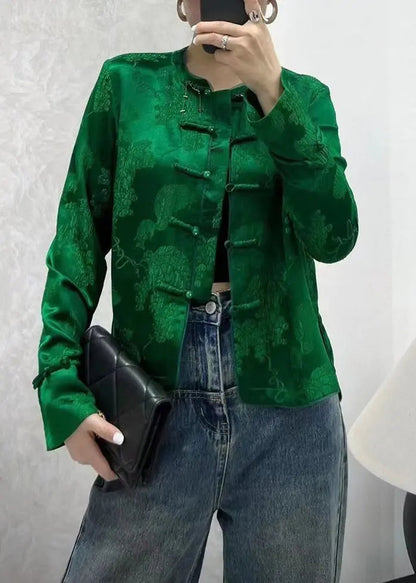 New Green Print Button Silk Shirts Coats Long Sleeve Ada Fashion