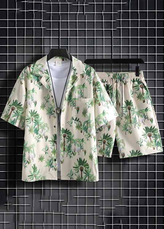 New Green Print Pockets Cotton Men Two Pieces Set Summer HG066