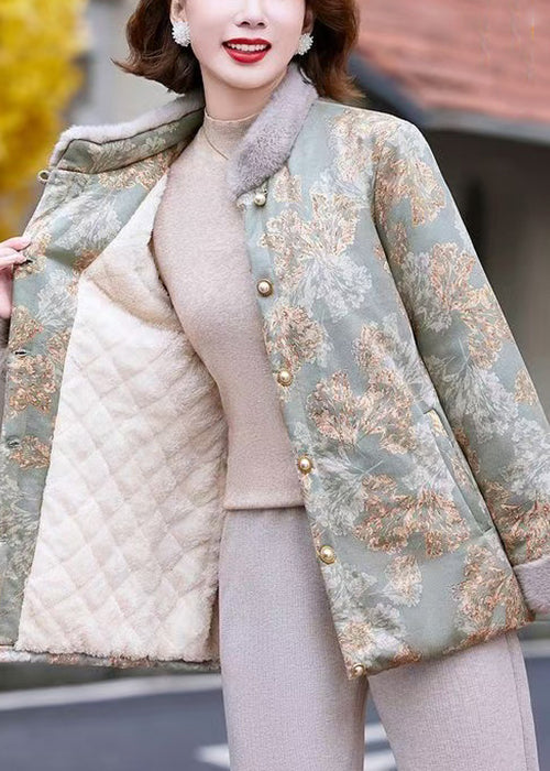 Neu Grün Stehkragen Print Patchwork Warme Fleece Parka Winter RC018